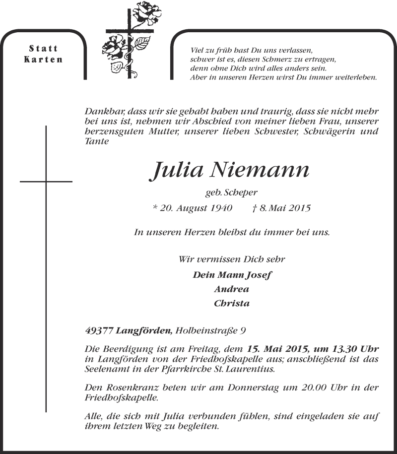  Traueranzeige für Julia Niemann vom 12.05.2015 aus OM-Medien