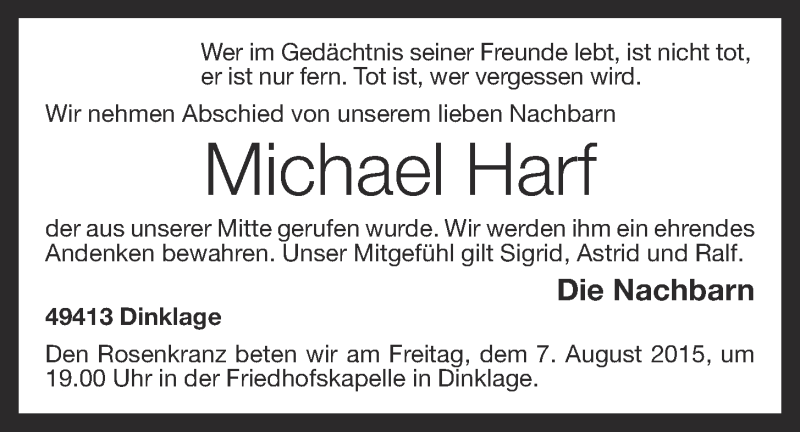  Traueranzeige für Michael Harf vom 29.07.2015 aus OM-Medien