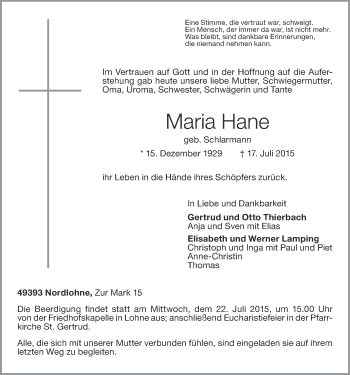 Anzeige von Maria Hane von OM-Medien