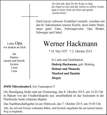 Anzeige von Werner Hackmann von OM-Medien