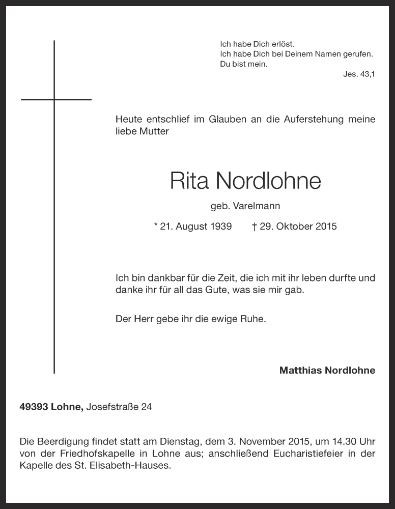  Traueranzeige für Rita Nordlohne vom 31.10.2015 aus OM-Medien