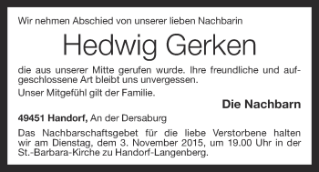 Anzeige von Hedwig Gerken von OM-Medien