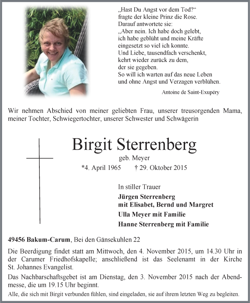  Traueranzeige für Birgit Sterrenberg vom 02.11.2015 aus OM-Medien