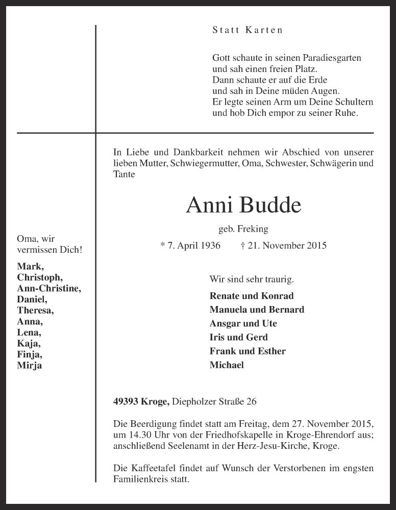  Traueranzeige für Anni Budde vom 24.11.2015 aus OM-Medien