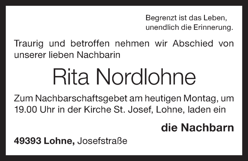  Traueranzeige für Rita Nordlohne vom 02.11.2015 aus OM-Medien