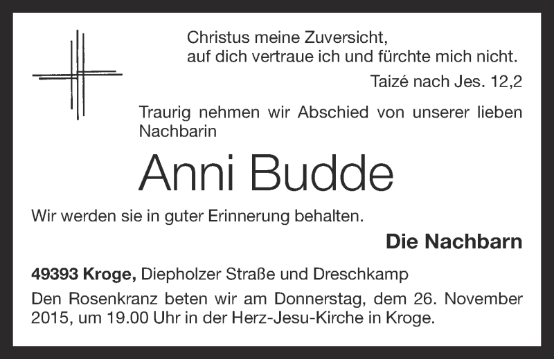  Traueranzeige für Anni Budde vom 25.11.2015 aus OM-Medien