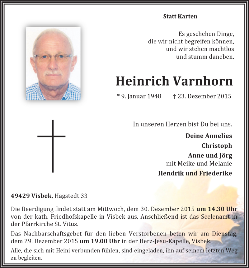  Traueranzeige für Heinrich Varnhorn vom 28.12.2015 aus OM-Medien