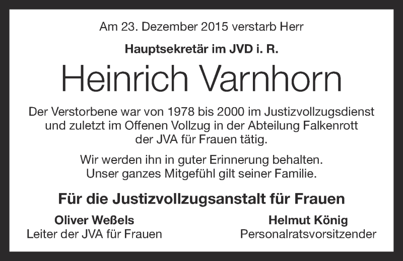  Traueranzeige für Heinrich Varnhorn vom 29.12.2015 aus OM-Medien