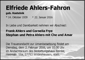 Anzeige von Elfriede Ahlers-Fahron von OM-Medien