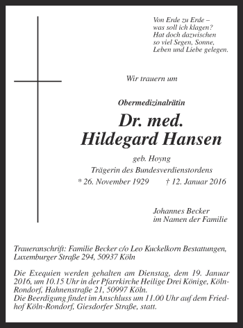 Anzeige von Hildegard Hansen von OM-Medien