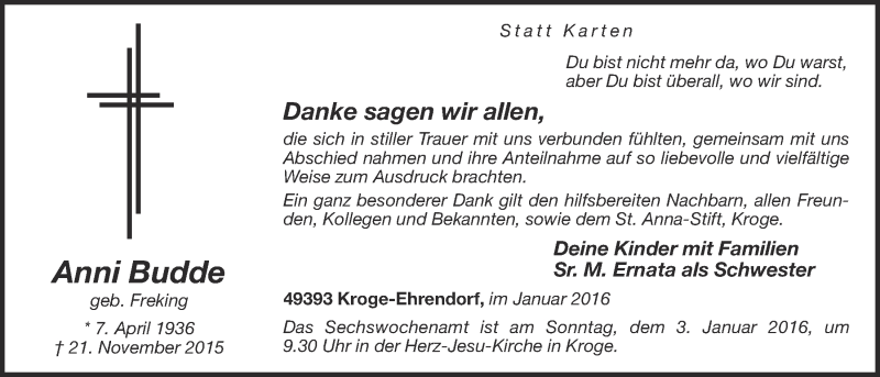  Traueranzeige für Anni Budde vom 02.01.2016 aus OM-Medien