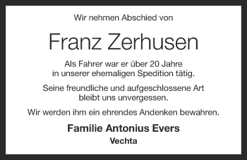 Anzeige von Franz Zerhusen von OM-Medien