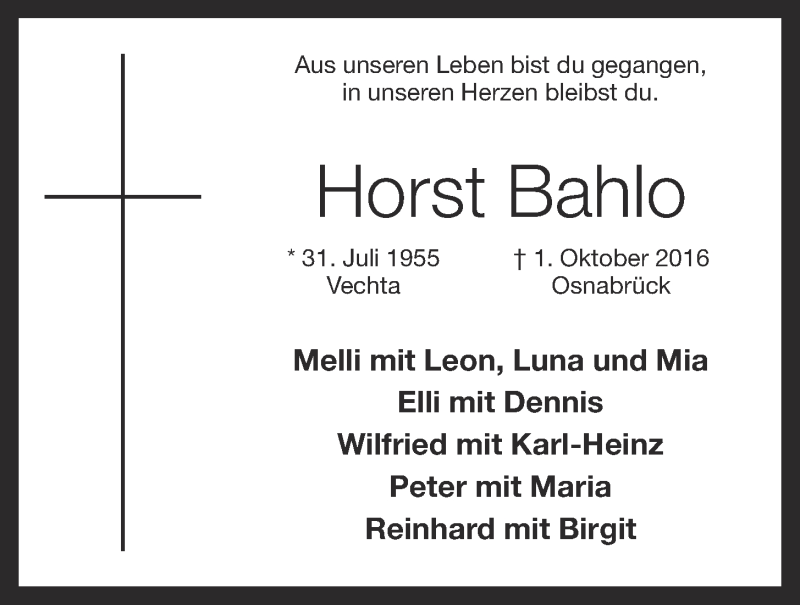  Traueranzeige für Horst Bahlo vom 05.10.2016 aus OM-Medien