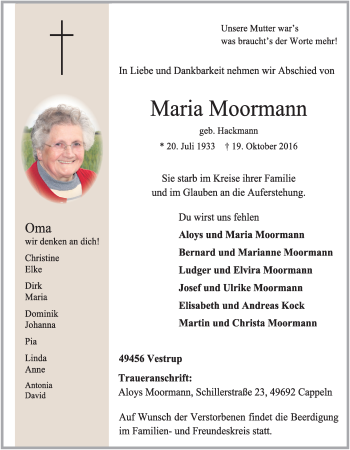 Anzeige von Maria Moormann von OM-Medien