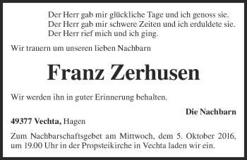 Anzeige von Franz Zerhusen von OM-Medien