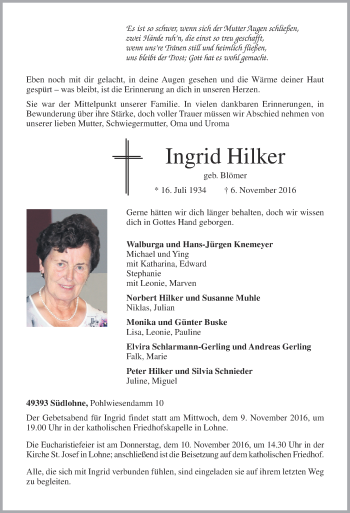 Anzeige von Ingrid Hilker von OM-Medien