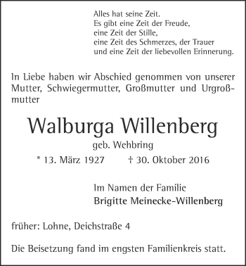 Anzeige von Walburga Willenberg von OM-Medien