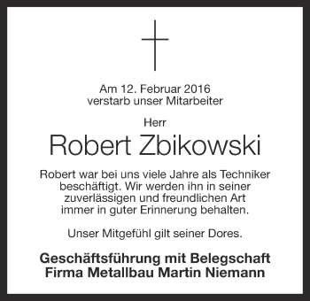 Anzeige von Robert Zbikowski von OM-Medien