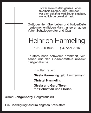 Anzeige von Heinrich Harmeling von OM-Medien