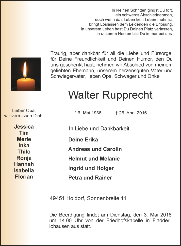  Traueranzeige für Walter Rupprecht vom 28.04.2016 aus OM-Medien