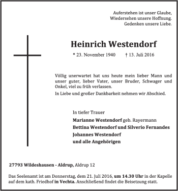 Anzeige von Heinrich Westendorf von OM-Medien