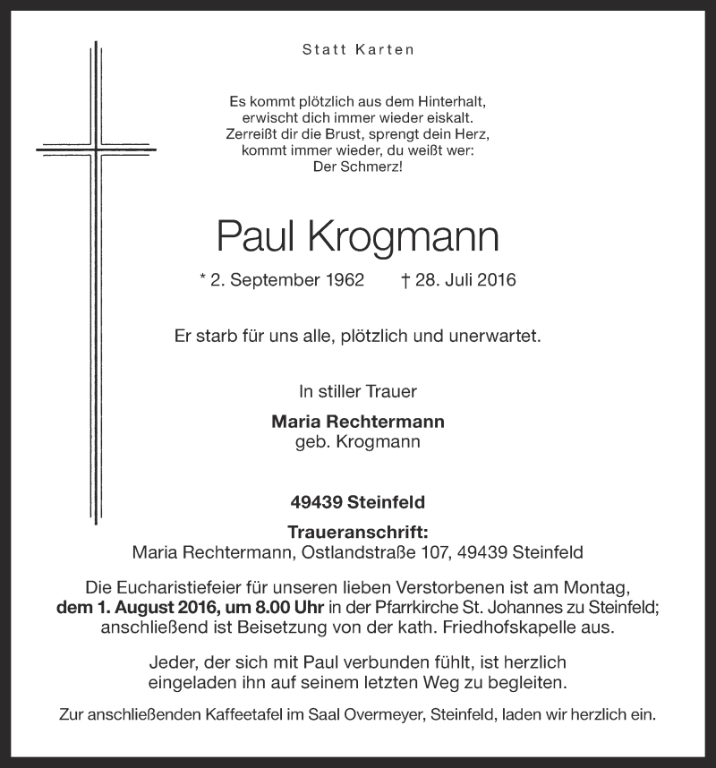  Traueranzeige für Paul Krogmann vom 29.07.2016 aus OM-Medien