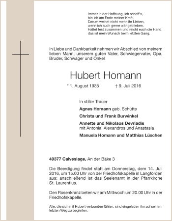 Anzeige von Hubert Homann von OM-Medien