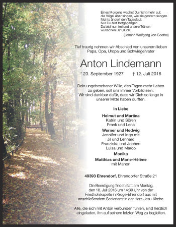 Anzeige von Anton Lindemann von OM-Medien