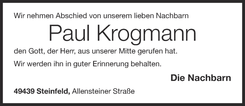  Traueranzeige für Paul Krogmann vom 30.07.2016 aus OM-Medien