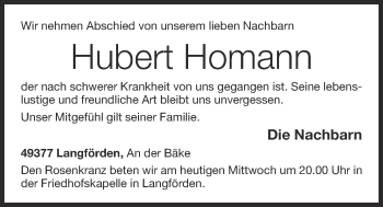 Anzeige von Hubert Homann von OM-Medien