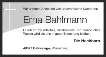 Anzeige von Erna Bahlmann von OM-Medien