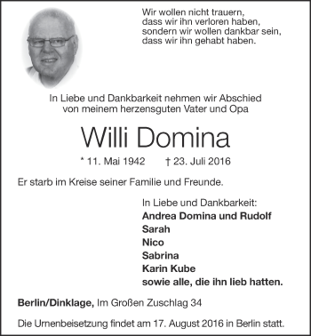 Anzeige von Willi Domina von OM-Medien