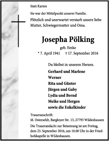 Anzeige von Josepha Pölking von OM-Medien