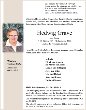 Anzeige von Hedwig Grave von OM-Medien