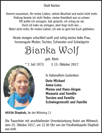 Anzeige von Bianka Wolf von OM-Medien