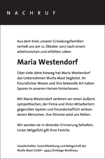 Anzeige von Maria Westendorf von OM-Medien