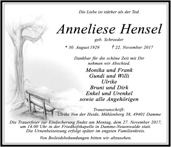 Anzeige von Anneliese Hensel von OM-Medien