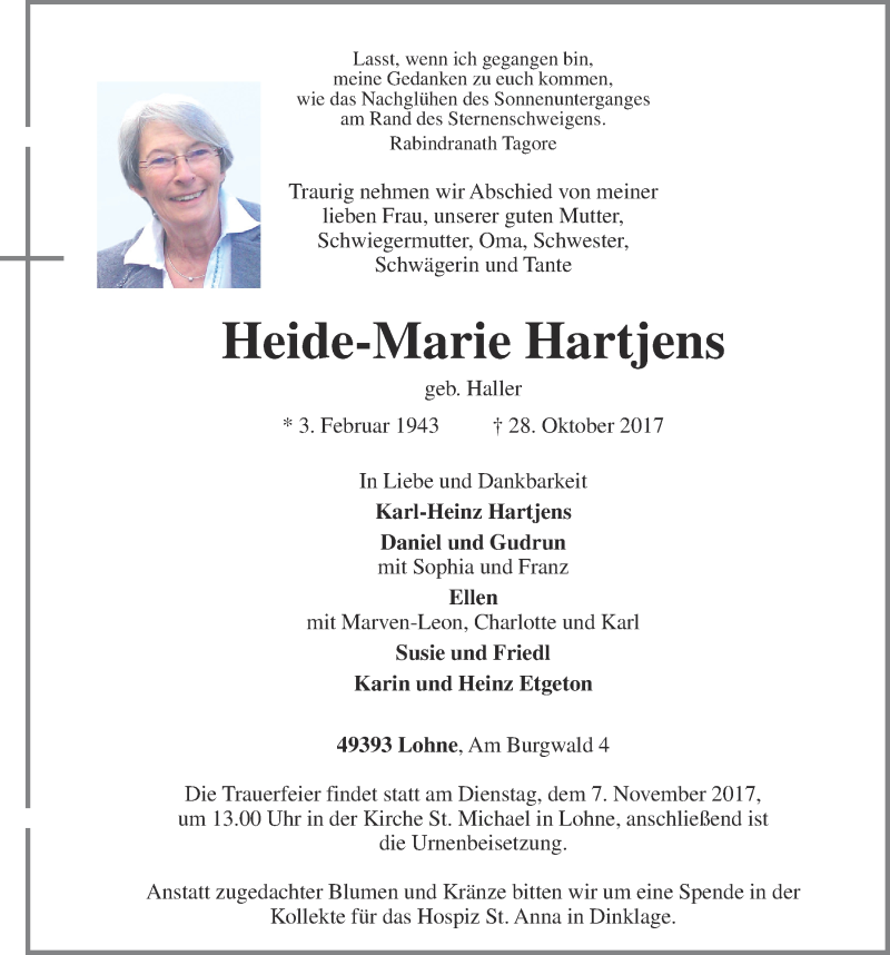  Traueranzeige für Heide-Marie Hartjens vom 03.11.2017 aus OM-Medien