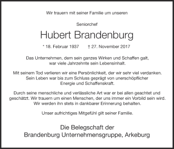 Anzeige von Hubert Brandenburg von OM-Medien