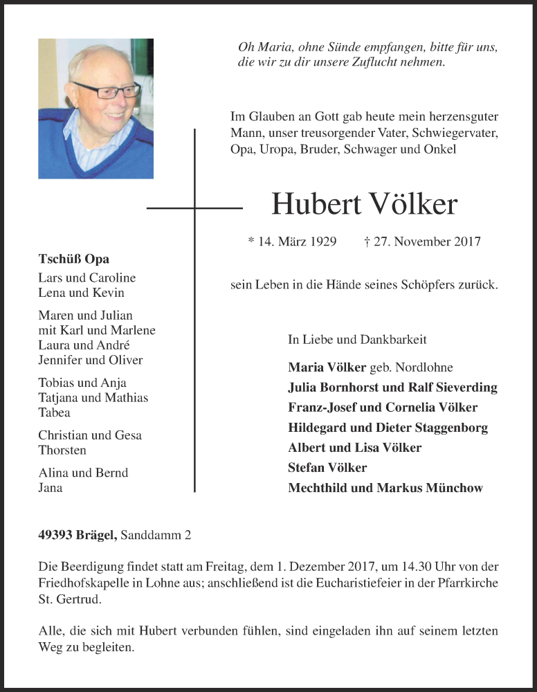  Traueranzeige für Hubert Völker vom 29.11.2017 aus OM-Medien