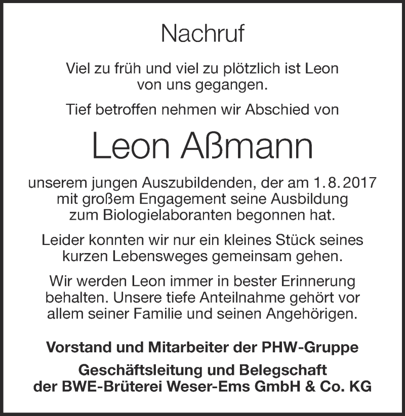  Traueranzeige für Leon Aßmann vom 24.11.2017 aus OM-Medien