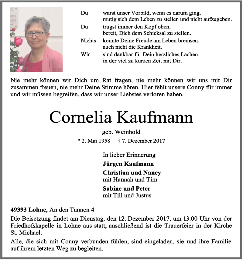  Traueranzeige für Cornelia Kaufmann vom 08.12.2017 aus OM-Medien