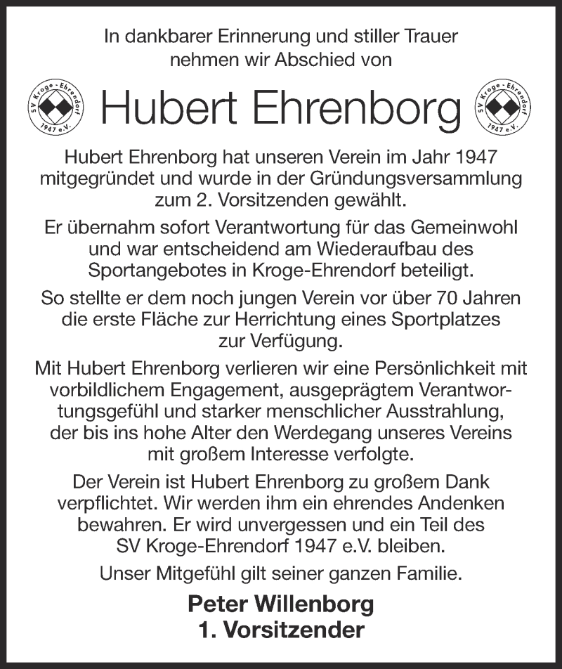  Traueranzeige für Hubert Ehrenborg vom 28.12.2017 aus OM-Medien