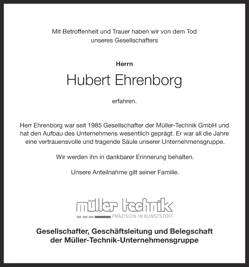  Traueranzeige für Hubert Ehrenborg vom 28.12.2017 aus OM-Medien