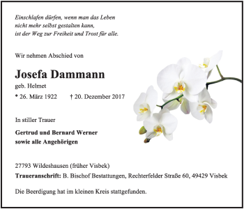 Anzeige von Josefa Dammann von OM-Medien