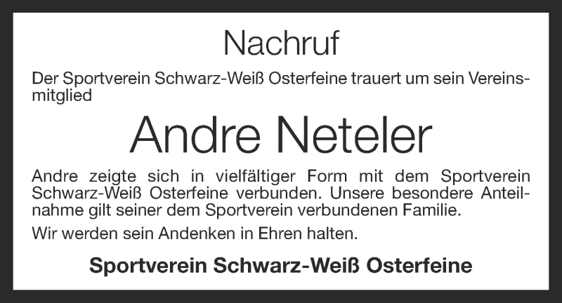  Traueranzeige für Andre Neteler vom 07.03.2017 aus OM-Medien