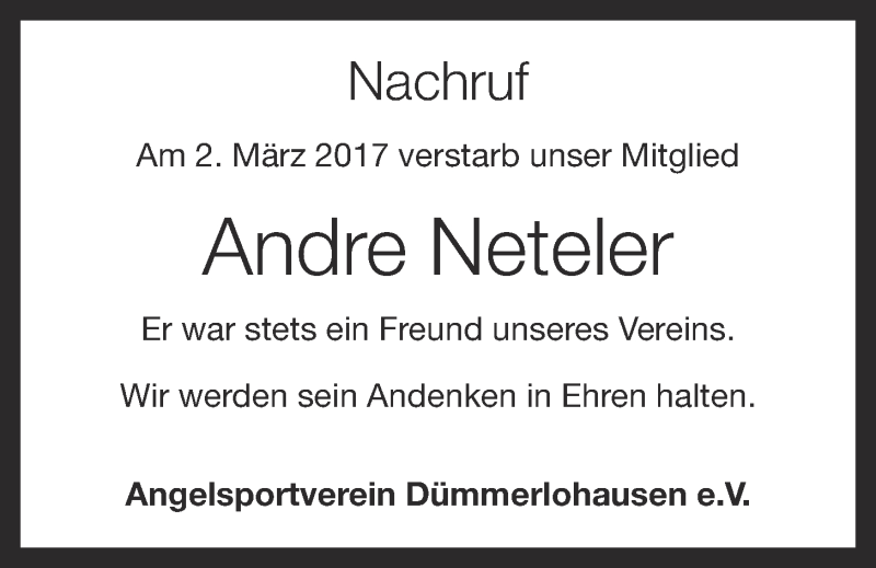  Traueranzeige für Andre Neteler vom 07.03.2017 aus OM-Medien