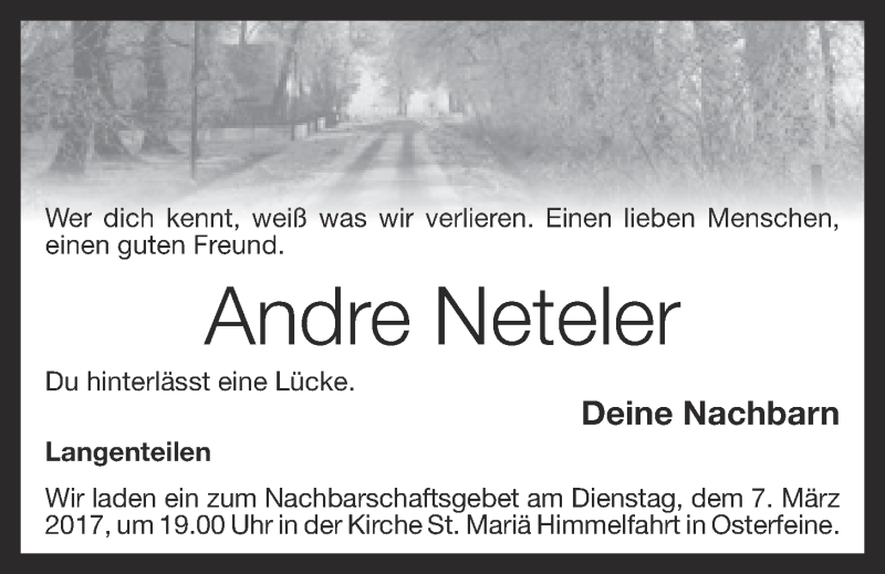  Traueranzeige für Andre Neteler vom 07.03.2017 aus OM-Medien