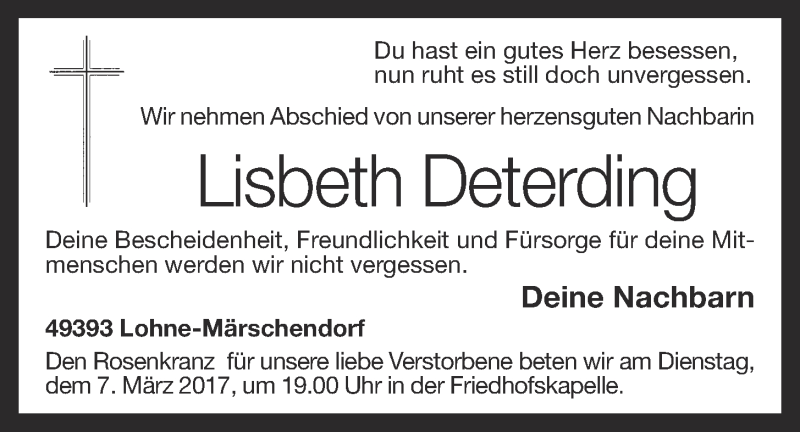  Traueranzeige für Elisabeth Deterding vom 06.03.2017 aus OM-Medien