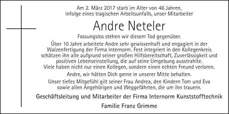  Traueranzeige für Andre Neteler vom 07.03.2017 aus OM-Medien